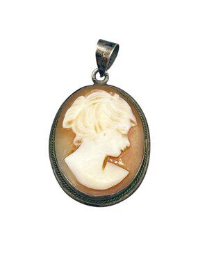 Vintage Cameo Pendant Sterling Silver Genuine Carved Shell Pendant